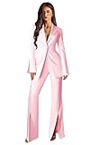 Fashion Pink Suits for Women 2 Piece Set Petite 1 Button Split Sleeve Notch Lapel Womens Suit Split Leg Pant Suits for Women Size X-Small
