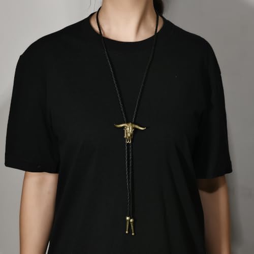 Image of Joxevyia Bolo Tie for Men Vintage Cow Skull Leather Rope Western Cowboy Necktie Vintage Bola Tie Gift for Him