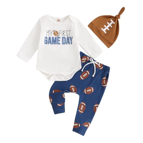 Image of MBMSHEGH Newborn Baby Boy Football Outfit My First Game Day Long Sleeve Romper Football Jogger Pants+Hat Fall Winter Clothes