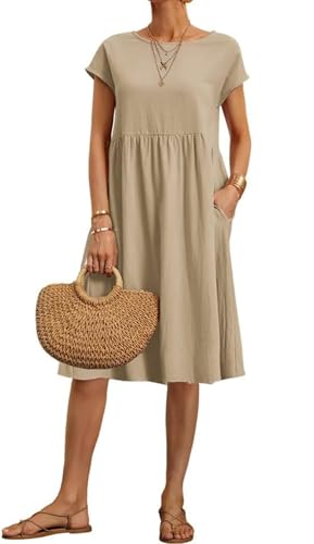 Image of BIRW Cotton Linen Dresses for Women 2025 Summer Casual A Line Flowy Dress Beach Vacation Midi Gauze Dress with Pockets