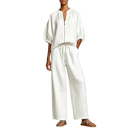 Ensemble coton et lin femme pantalon large blanc XL HUIFUAO