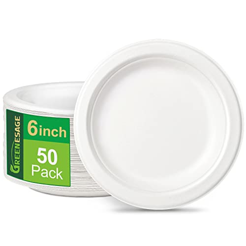 GREENESAGE Rigid 6 inch 50 Pack Disposable Paper White Plates Sugarcane and Compostable Strong Dishes for Picnic Wedding Party BBQ