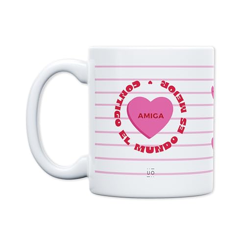 UO Caneca de amiga, consigo o mundo é melhor. Caneca de pequeno-almoço. Um presente cheio de amor para a sua melhor amiga. Detalhe original para o Dia dos Namorados. Capacidade 350 ml, cerâmica.