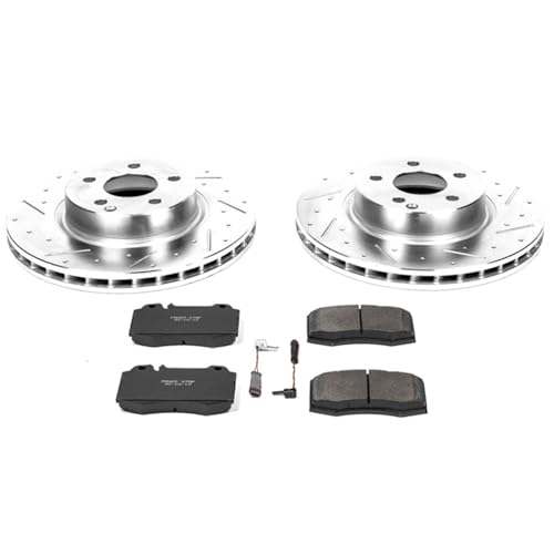 Image of PowerStop Front Brake Kit for Mercedes-Benz E350 2006 | Mercedes-Benz E500 2003-06 - Drilled and Slotted Disc Rotors with Carbon-Fiber Ceramic Brake Pads Replacement, K5239