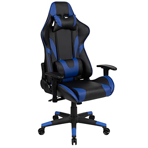 Flash Furniture X20 Silla para juegos y carreras, de oficina, ergonómica, para PC, ajustable, giratoria, totalmente reclinable, en LeatherSoft rojo, piel artificial, azul, 1 ud.