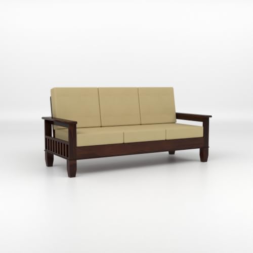 Image of Solid Sheesham Wood 6 Seater Sofa Set for Living Room | Premium Wooden Sofa with Fabric Cushions & Side Magazine Rack | Modern Solid Wood Furniture for Home & Office