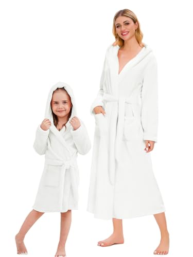 Image of Umeyda Girls & Women Fleece Hooded Robes, Soft Fuzzy Bathrobe Warm Plush Fluffy Bath Robe for Kids Womens