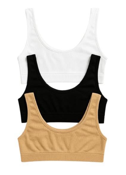 Ribbed Sports Bra 3 Pack, White Black Beige, Scoop Neck, Sleeveless Crop Top, Free Size (28 to 32)-image-43
