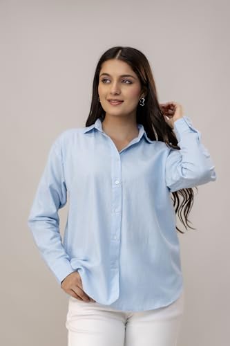 Image of Women's Linen Blend Shirt | Casual Collared Button Down Shirt for Women | Solid Color Full Sleeve Oversized Fit | Summer Casual & Office Wear Top