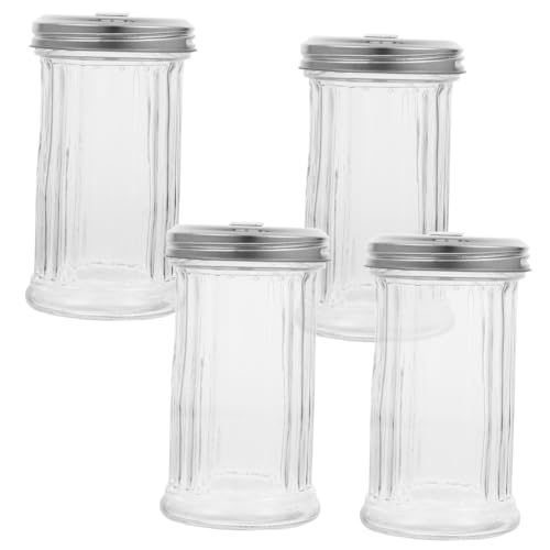 LOORGVEL Juego De 4 Saleros y Dispensadores De Condimentos 330ml De Vidrio Transparente Con Tapa De Acero Inoxidable Para Azúcar Sal y Pimienta Utensilios De Cocina Compactos