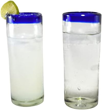 Miniatura 4 de Vasos soplados a mano hechos a mano hechos a mano de México, juego de 6 piezas (borde azul cobalto, bola alta de 13 onzas)