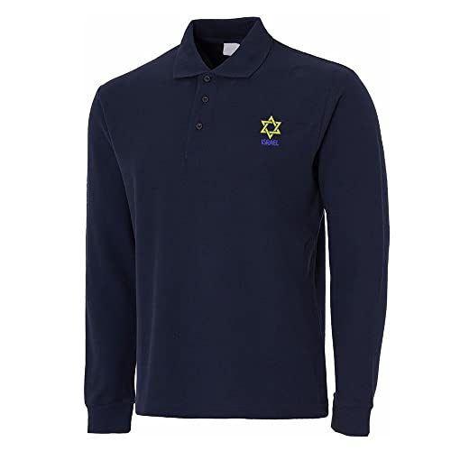 Men Long Sleeve Polo Shirts Star of David Israel Embroidered Casual Polo Shirt
