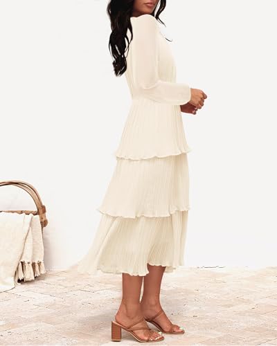 ZESICA Women's 2026 Long Sleeve Crew Neck Ruffle Tiered Layered Chiffon Flowy Swing Long Midi Dress