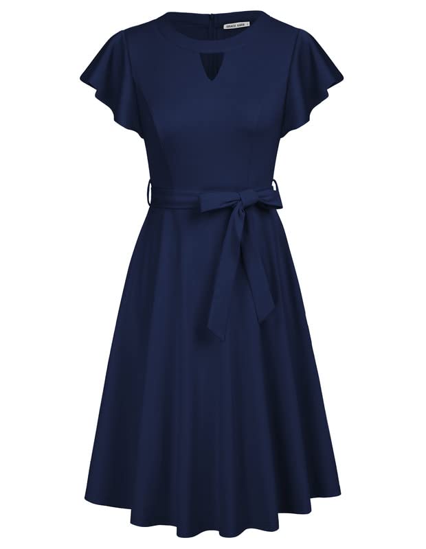 Damen Kurzarm Rüschen Kleid Elegant Hollow Out Swing Party Festliches...