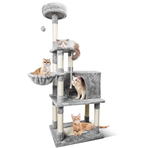 Nobleza - Árbol para Gatos， Altura 148 cm， con 9 Postes Rascadores， 4 Plataformas， 1 Cueva，1 Hamacas， Pompón， Cuerda de sisal， Tela de Felpa， Rascador Multinivel para Gatos Grandes， Gris