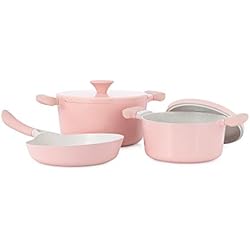 Bisetti Sartenes Rosa CREATE/POT&PAN/Batería 3 piezas Rosa/Aluminio Fundido, con Revestimiento Antiadherente, Asas de Baquelita, Sin PDFE y PFOA, para Todo Tipos de Cocinas, Estilo Cocotte, Apta para Inducción