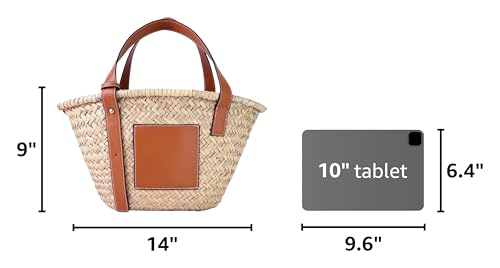 Image of Straw Basket Tote Bag for Women PU Leather Strap Hollow Woven Top Handle Straw Purses and Handbags