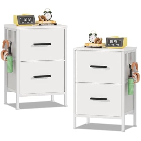 EKNKOZY Nightstand 2 Drawer Dresser, Set of 2 Vertical Side Table with Fabric Drawers and 2 Side Hooks, End Table, Bedside Table, Night Stand and Small Dresser for Bedroom, Hallway, Entryway, White Cover
