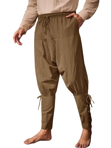 Runcati Mens Medieval Ankle Banded Pants Renaissance Viking Pirate Navigator Costume Pants Lace Up Cotton Halloween Trousers