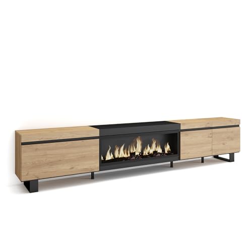 Skraut Home | Mueble TV | Televisión | Muebles de salón, almacenaje | 288x57x35 cm | para TV Gran Formato | Chimenea eléctrica XXL | Diseño Industrial | Estilo Moderno | Roble y Negro