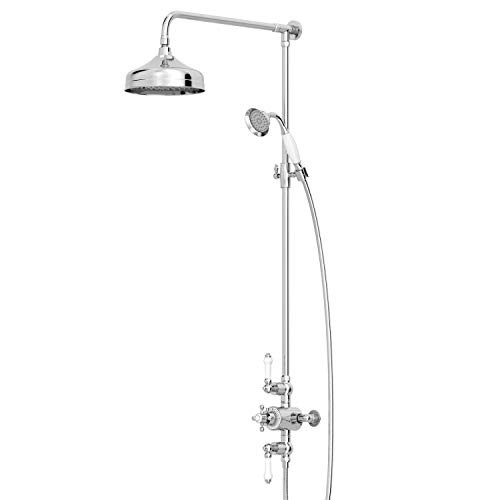 Park Lane® Traditional Thermostatic Mixer Shower, Victorian Style Showers, Crosshead Valve, Large Round Drencher Rainfall Head, Hose & Handset, Dual Twin Heads, Polished Chrome