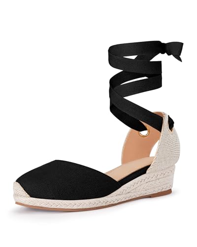 Image of Coutgo Girls Espadrille Platform Wedge Sandals Closed Toe Lace Up Ankle Strap Summer Shoes Toddler Little Big Kid