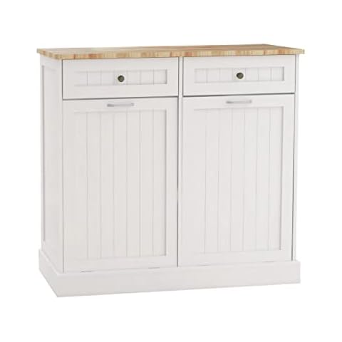 GLCHQ Double Tilt Out Trash Cabinet with Two Drawers,Solid Wood Tabletop Free Standing RecyclingTrash Storage Cabinet for Kitchen, Laundry Room(White) Cover