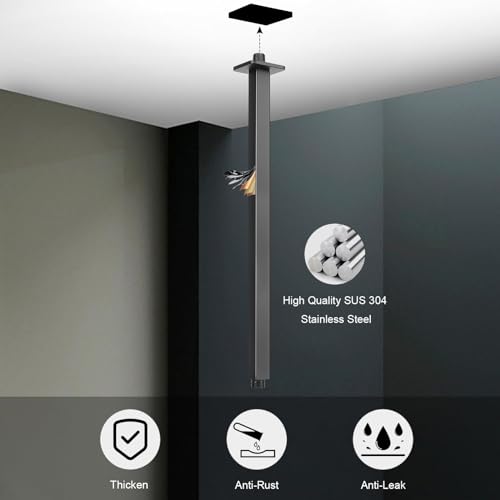 Image of Ceiling Mounted Shower Arm, Rain Shower Square Extension Arm with Flange and Teflon Tape Stainless Steel Ceiling Mount Shower Extender (24 Inch, Matte Black)