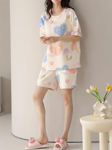 Image of Lunza Women's Cotton Blend Pajama Set, Short Sleeve T-Shirt and Shorts, Cute Bear Print Nightwear