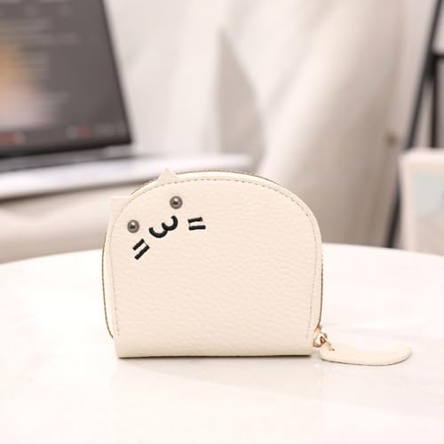 Cartoon Compact Wallet 8-Card Slot Zipper Coin Purse & Keychain(white)