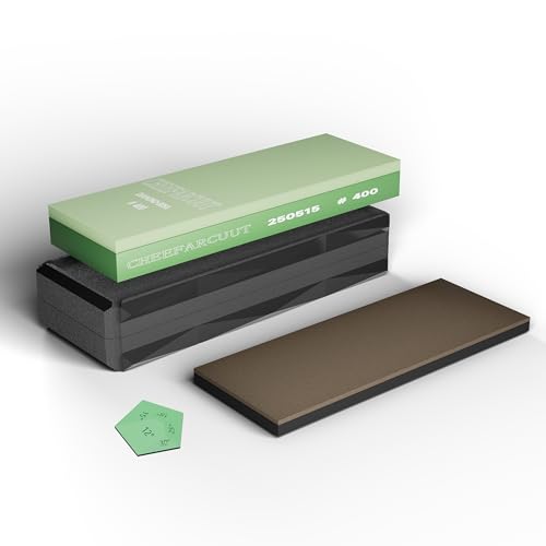 cheefarcuut Diamant-Schleifstein-Set mit 400er-Körnung, mit Diamant-Leder-Streichriemen, Messerschärfer und rutschfester Unterseite, für Küchen-, Chef- und Outdoor-Messer