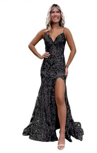Image of RSOETOO Sparkly Sequin Prom Dresses 2026 with Slit Lace Mermaid Formal Evening Gowns for Women RON058