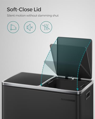 SONGMICS Trash Can, 2 x 8 Gallon (2 x 30 L) Garbage Can for Kitchen, with 15 Trash Bags, 2 Compartments, Plastic Inner Buckets and Hinged Lids, Airtight, Black ULTB60BK