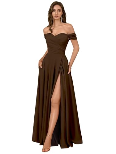 Falsery Off The Shoulder Bridesmaid Dresses with Slit Satin Prom Dresses Long A Line Pleated Formal...