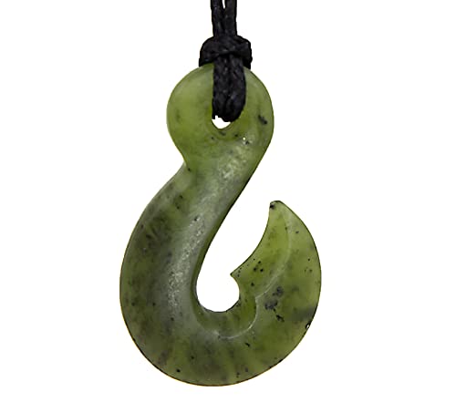 100% New Zealand Jade Necklace for Men and Women, Hand Carved Maori Necklace Jade Pendant Black Adjustable Cord, Pounamu Green Stone Jewelry, Hook Nephrite Jade 1.2in (30mm)