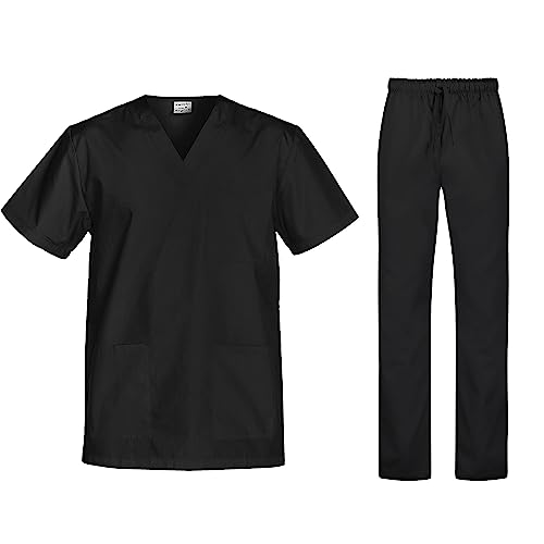 B-well Cesare Unisex-Schrubb-Set Schlupfkasack + Schlupfhose Set Medizin Arzt Uniform Schlupfjacke Oberteil mit Hose Medizinische Berufsbekleidung (Schwarz, 3XL)