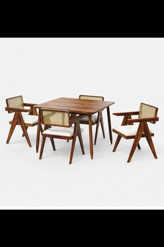 Image of Wooden Dining Table Set with 4 Chairs, Natural Oak, Rectangular, Modern Style, Cane Back Chairs with Cushions (Whie Cushion Table (100 cm x 100 cm x 76 cm))