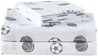 Chezmoi Collection 4-Piece Kids/Teens Sports Sheet Set - Soft Microfiber White Gray Baseball Basketball Football Soccer, Full Size