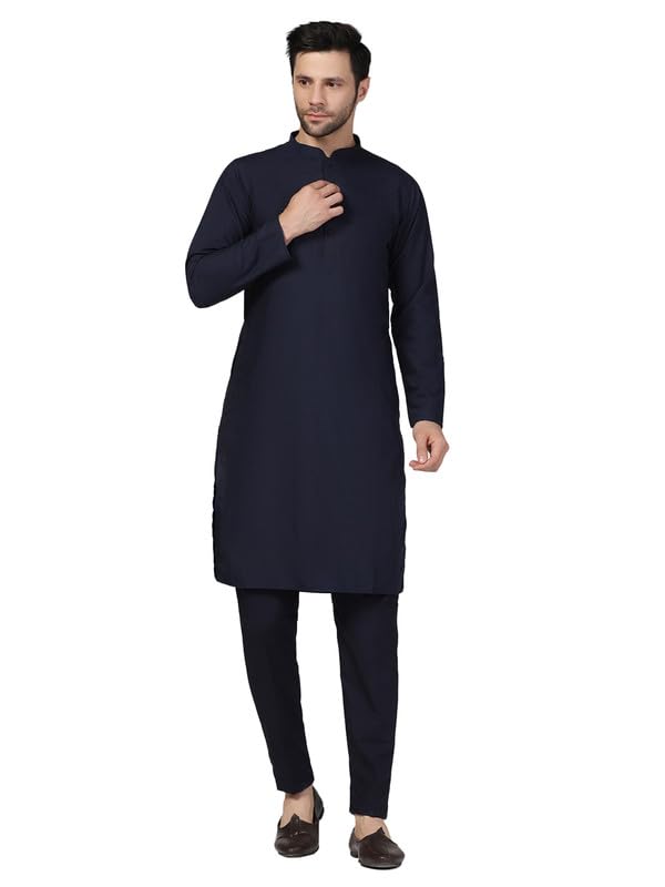 Kisah Men's Kurta Trouser Set, Navy Blue Cotton Blend, Solid Regular Fit Mandarin Collar Long Sleeves (40)