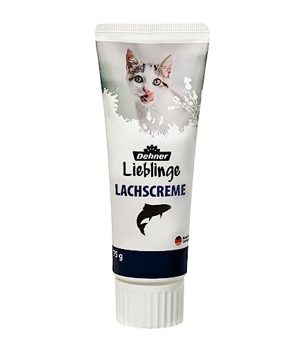 Dehner Lieblinge Katzensnack, Leckerli Creme zuckerfrei, für ausgewachsene Katzen, Lachs, 6 x 75 g (450 g)