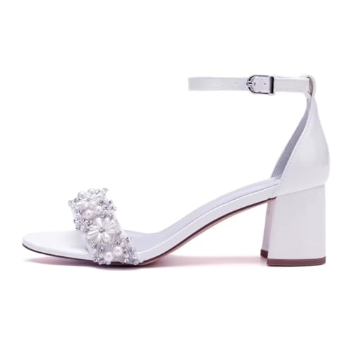Image of Pearl Wedding Shoes for Bride Block Heel Wedding Sandals Open Toe Bridal Heels