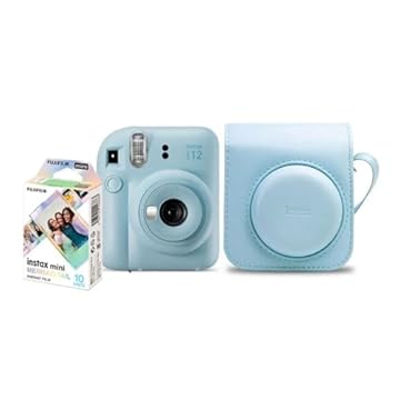 Kit Câmera Instax Mini 12 com pack 10 fotos Spray Art e Bolsa Azul Candy