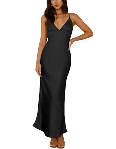 Summer Satin Spaghetti Strap V Neck Maxi Dresses for Women 2026 Backless Silk Wedding Guest Formal Tie Back Cocktail Dress Black