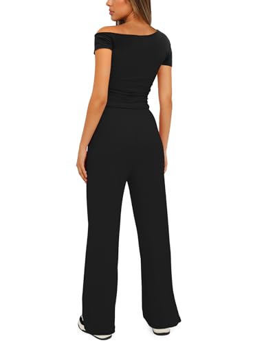 Darong Women's 2 Piece Outfits Lounge Sets Off Shoulder Short Sleeve Tops and High Waisted Wide Leg Pants Tracksuit Sets2