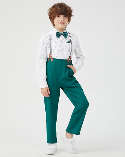 Image of DISAUR Boys Dress Clothes Wedding Ring Bearer Outfit Boy Formal Suits Dress Shirt with Bow Tie +Suspender Pants Set