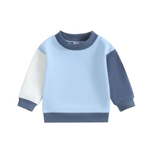Image of Amnnchya Toddler Baby Girl Boy Sweatshirt Color Block Long Sleeve Oversized Crewneck Pullover Tops Fall Winter Outfits (Blue, 0-6 Months)