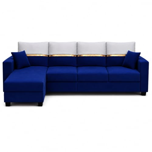 Image of Furny Arvea 8 Seater Fabric LHS L Shape Sofa Set with 1 Centre Table & 2 Puffy (Blue) | Soft Velvet Fabric | Modern Design | Comfortable Seating | Living Room Furniture