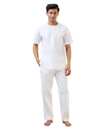 Image of SleepZ by Raymond Men Comfort Fit Solid Pattern Cotton Polyester Blend Round Neck Kurta Set