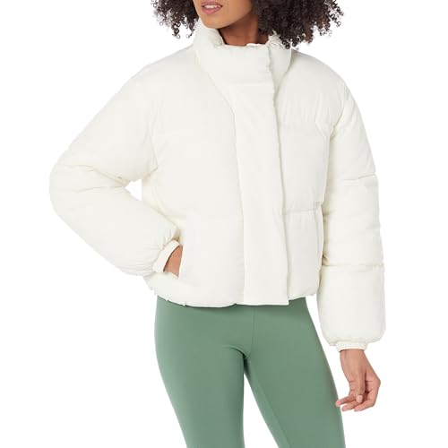 Amazon Essentials Women's Cropped Full-Zip Puffer Jacket (Quilted Matte or Sherpa Fleece), Eggshell...
