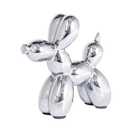 Estatua Perro Globo Pequeña de Cerámica Plateada